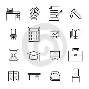 Simple collection of school accessories related line icons.