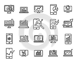 Simple collection of web analytics related line icons.