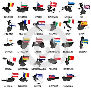 Simple color flags all european union countries on maps collection eps10