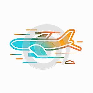 A simple color illustration of a flying airplane isolated on a white background, viewed from the side. Creative element, icon for