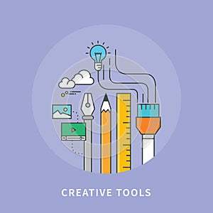 Simple color line flat design of creative tools, modern illustration