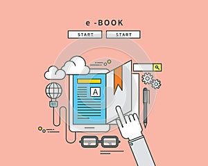 Simple color line flat design of e-book, modern illustration