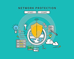 Simple color line flat design of network protection, modern illustration