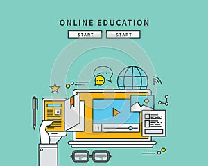 Simple color line flat design of online education, modern illustration