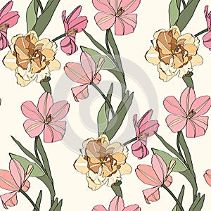 Simple colored tulips seamless floral pattern background. Spring tulip flower.