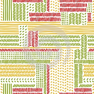Simple colorful doodle strokes and dots on white geometric striped seamless pattern, vector