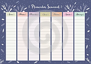 Simple Colorful Spanish Weekly Planner. Printable Floral Vector Schedule.