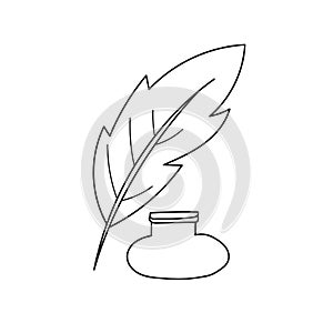 Simple coloring page. Inkpot and feather. Cartoon style vector illustration