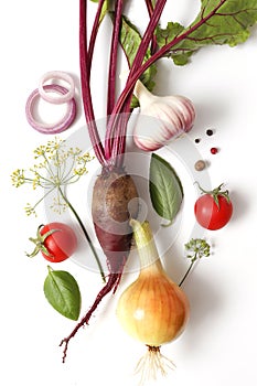 Simple composition of organic vegetables, top view. Onions, beets, garlic, basil, tomato, dill and spices. The concept of organic