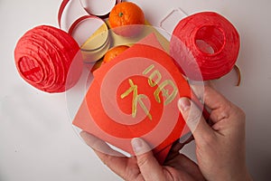 Simple compositions for illustrating chinese new year with traditional paraphernalia with the hieroglyph `