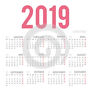 Simple concept of calendar for 2019 new year. Months are taken in a square frame. For desktop wall pocket calendar