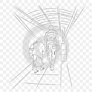 Simple Conceptual Vector Illustration, Security or Police Helping old Woman Walking into her destination at tranparent Effect