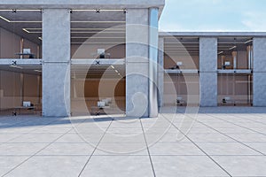 Simple concrete office building exterior on bright blue sky backgroound. 3D