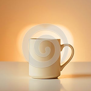 A simple cream colored mug sits on a white surface with a blurred heart shape in the background light