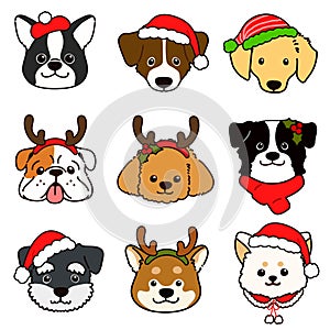 Simple and cute Christmas illustrations with adorable dogs faces with outlines set A