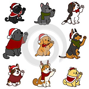 Simple and cute Christmas illustrations with adorable dogs waving hands outlined