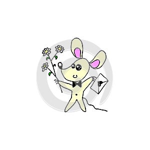 A simple cute contour color mouse with a love letter and a bouquet of flowers. Doodle. Design element for greeting card,