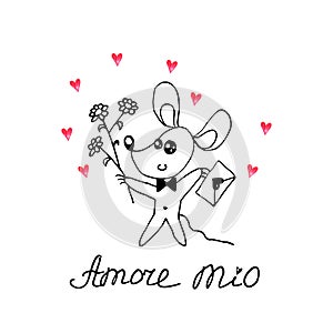A simple cute contour mouse with a love letter, flowers. Amore mio. Doodle. Design element for greeting card, Valentine`s Day,