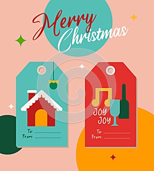 Simple and Cute Geometric Christmas Tags and Labels. Home, Christmas Ball, Music, Glass, Joy Illustration