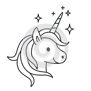 Simple cute magic unicorn vector line cartoon illustration isolated on white background. Fantasy mythical creature Icon, coloring