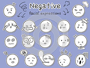 Simple and cute negative facial expression icon set. Illustration of black-and-white hand-drawn sticker-style design