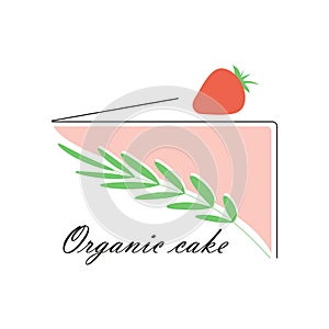 Simple Cute organick cake slice with strawberry and green branch.Food icon,vector illustration in minimalistic stile