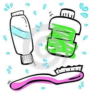 Cute scribble of blue Tooth Paste, Pink Brush and Green Mouth Wash, Isolated on White