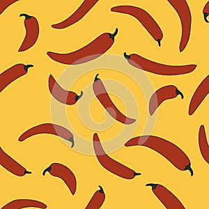 Simple cute seamless pattern with red chilly peppers on tellow background. Made in vector