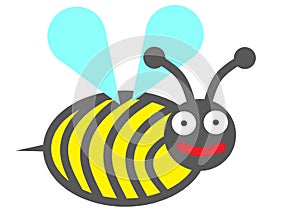 A simple cute shape of a yellow bee with dark grey stripes cute head face and light blue wings white backdrop