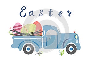 Simple cute vintage truck carrying Easter eggs
