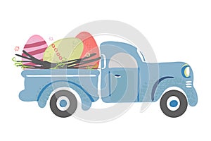 Simple cute vintage truck carrying Easter eggs