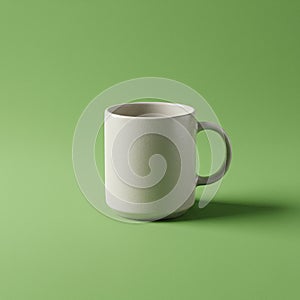 A simple, cylindrical white mug with a handle sits on a solid green background. The m
