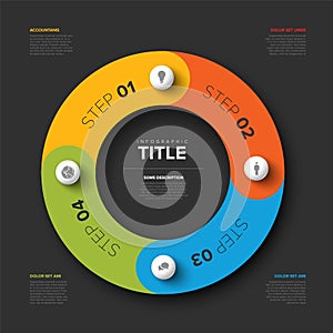 Simple dark infographic cycle with four spheres with icons elements