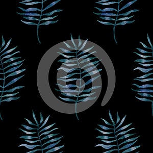 Simple dark seamless pattern with watercolor palm leaves on black. Hand painted texture with tropical leaf