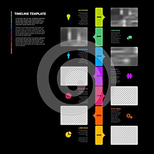 Simple dark vertical timeline process infographic with color blocks and photo placeholders