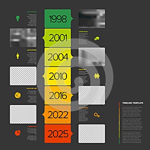 Simple dark vertical timeline process infographic with green red year and photo placeholders