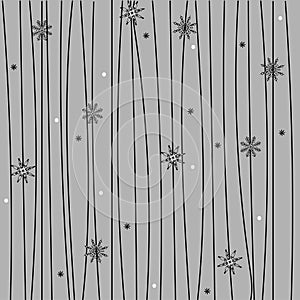 Simple decorative background, snowflakes, black vertical stripes on grey background. Vector illustration for design of social