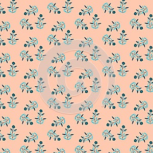 Simple delicate Ditsy dress floral fabric print modest muted blue flowers on a light pastel peach orange background