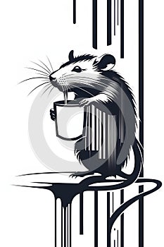 A simple design of a rat, banky's iconic mascot, subtly intergrated into a barcode, mysterious, brushstroke, t-shirt prints photo