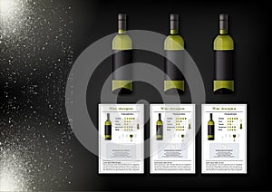 A simple design of realistic bottles of wine and wine cards with descriptions and characteristics of the wine on a black