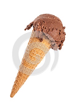 Simple diagonal chocolate ice cream cone on white background