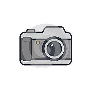 A simple digital illustration of a camera with a classic design. The camera is grey with