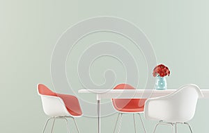 Simple dining room with a table, chairs and flowers against empty wall. 3D render.