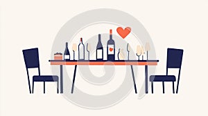 Romantic Dinner Setting Wine Bottles, Glasses, Heart, and Chairs