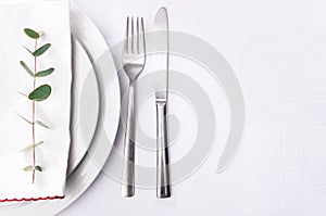 Simple dinner setting, green stem on napkin with plain crockery