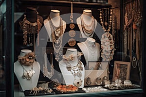 a simple display of headpieces, necklaces, and earrings photo