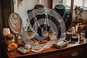 a simple display of headpieces, necklaces, and earrings photo