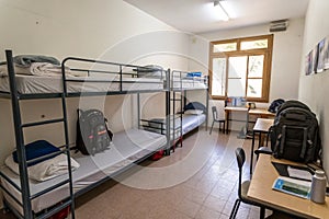 Backpacker dormitory room with bunk beds
