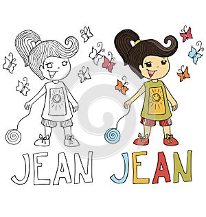 The simple drawing cartoon for coloring image of children with different names in the compatibility with the character