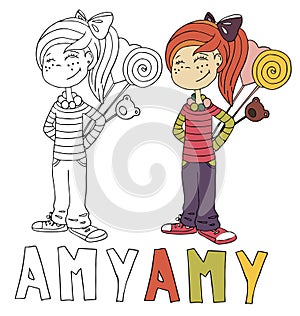 The simple drawing cartoon for coloring image of children with different names in the compatibility with the character